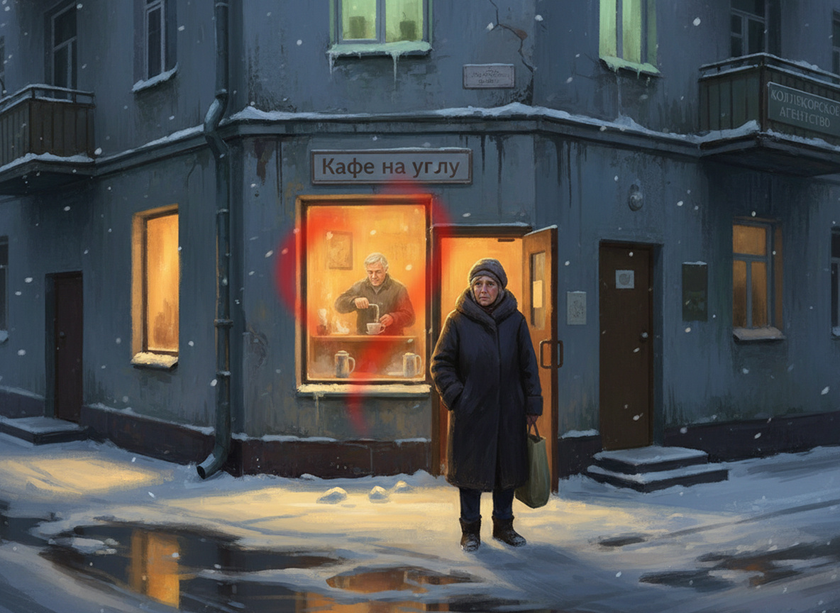 Женщина на углу дома рядом с кафе...