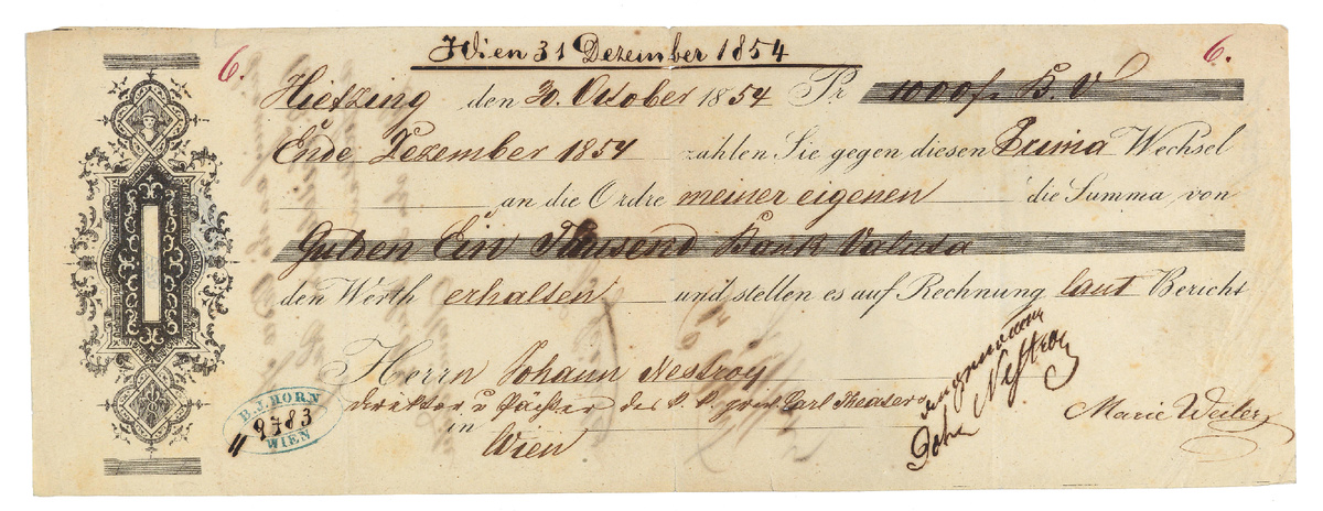 Вексель на сумму 1000 флоринов, выданный Иоганну Нестрою в качестве директора и арендатора привилегированного Карл-театра, Вена, 31.12.1854 г. Источник: официальный сайт аукционного дома Доротеум (https://www.dorotheum.com/en/l/1720636/)