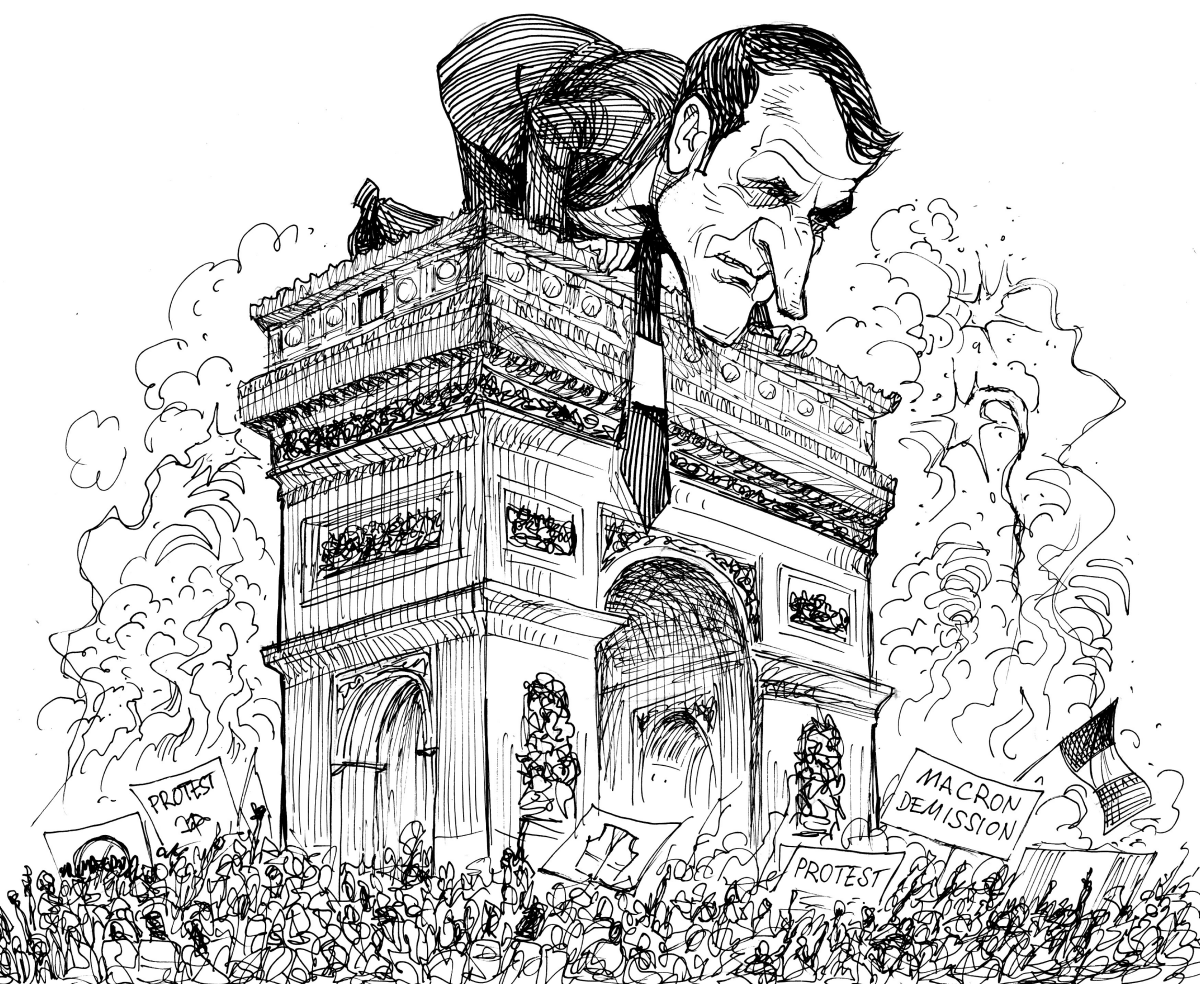 Президент Макрон и "желтые жилеты". Автор карикатуры: Petar Pismestrovic.     (https://cagle.com/cartoonist/petar-pismestrovic/2018/12/10/219202/marcon-and-yellow-vests)