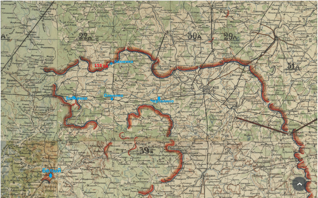 На карте  Ржевско-Вяземского выступа на 12.03.1942  я  обозначил синим упомянутые в сводке Совинформбюро 17.03.1942 пункты