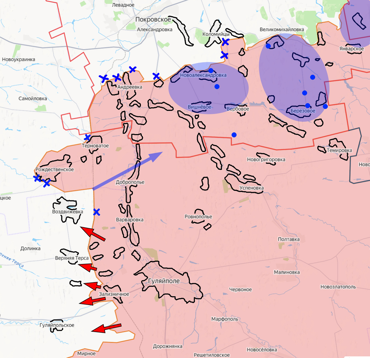 Синие овалы - районы боевых действий с наличием вражеской пехоты, заброшенной на технике. Синие точки - геолоцированные точки, в которых была поражена вражеская техника или пехота. Синие крестики - места безуспешных атак противника. Снияя стрелка - просачивание вражеских малых пехотных групп через северную окраину Доброполья в междуречье Янчура и Гайчура.