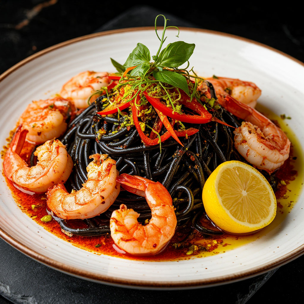 «Черная вдова: Лингвини с креветками, Чили-маслом и Фисташковой пылью».