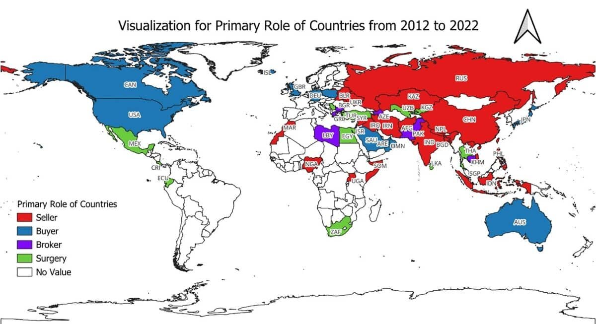    Красным отмечены страны, в которых зарегистрировано больше случаев продажи почек, чем покупки, посредничества или хирургии. Страны, отмеченные синим, — это те, где совершено больше всего покупок почек. Фиолетовый цвет для брокерства, а зеленый — для незаконных операций по трансплантации / © Zifu Wang et al., International Journal of Health Geographics, 2026