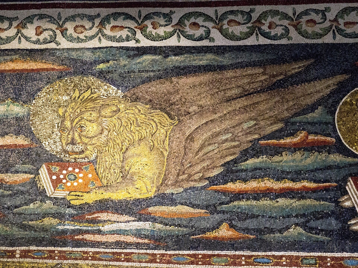 Лев – символ Евангелист Марка.  Фрагмент мозаики из Равенны. © Roger Culos CC BY-SA 3.0