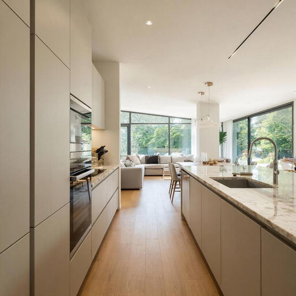 Современная кухня-гостиная в природных тонах со светлыми матовыми фасадами и кварцевой столешницей.