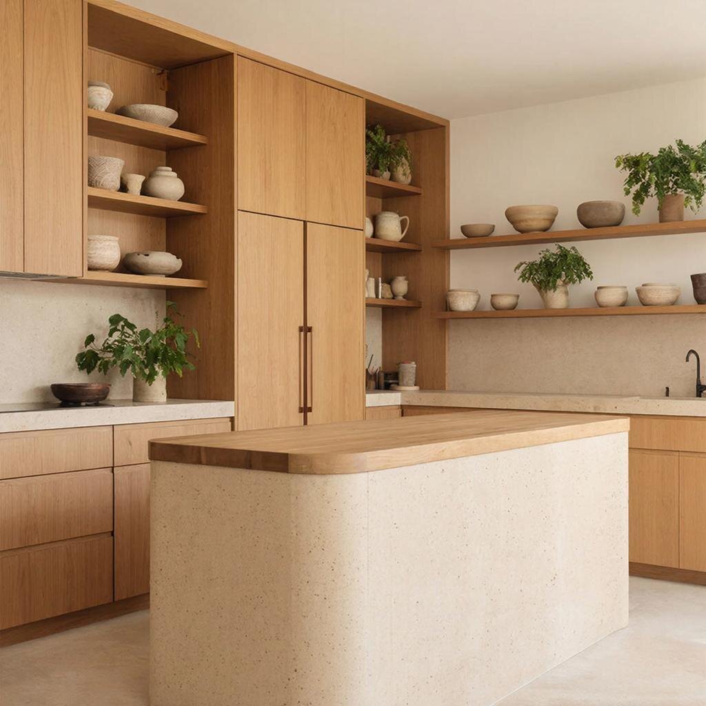 Кухня в стиле джапанди с деревянными фасадами, каменным островом и открытыми полками.