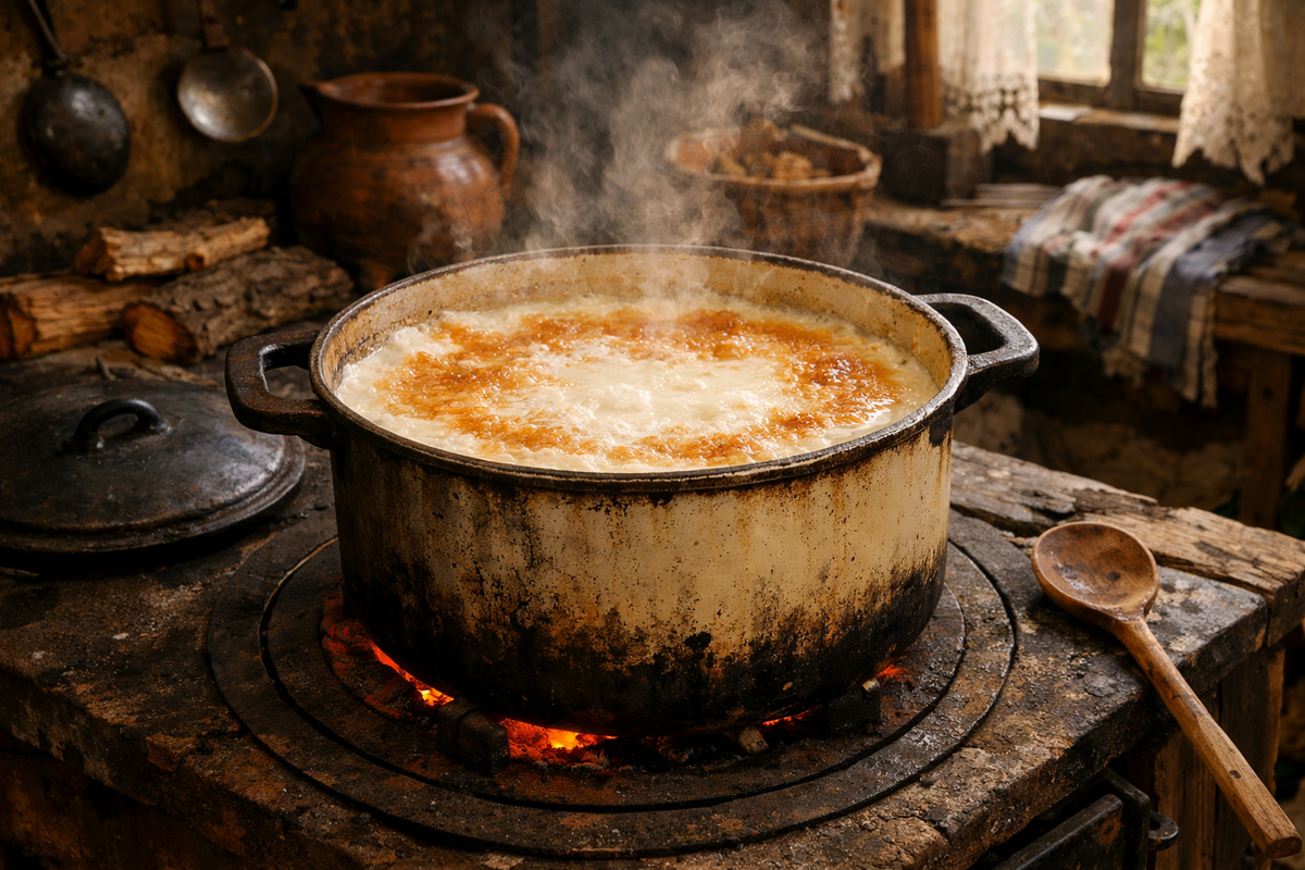 Варят ряженку на плите в деревенском доме 