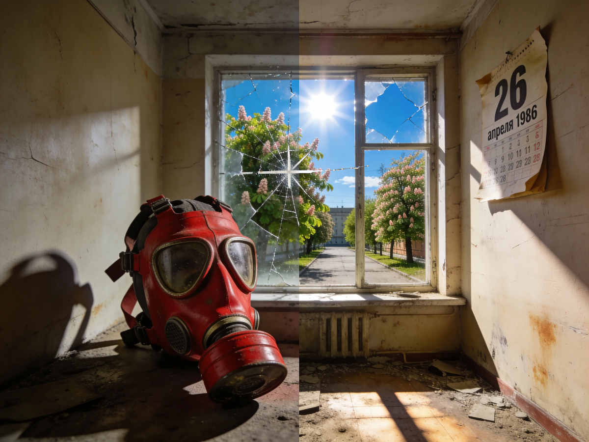 Календарь остановился навсегда. За этим окном — яркое утро, цветущие каштаны и город, которого больше нет. А противогаз на подоконнике так и не пригодился тем, кто вышел встречать этот рассвет.