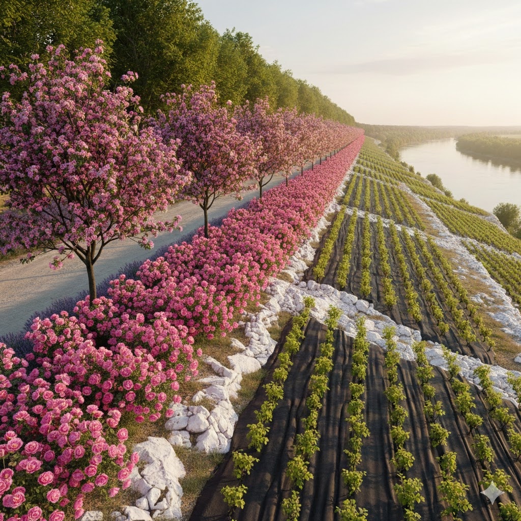Что вы видите на визуализации? Первым делом аллеи лип, виноградники на южных склонах и нежно-розовые облака миндаля. 