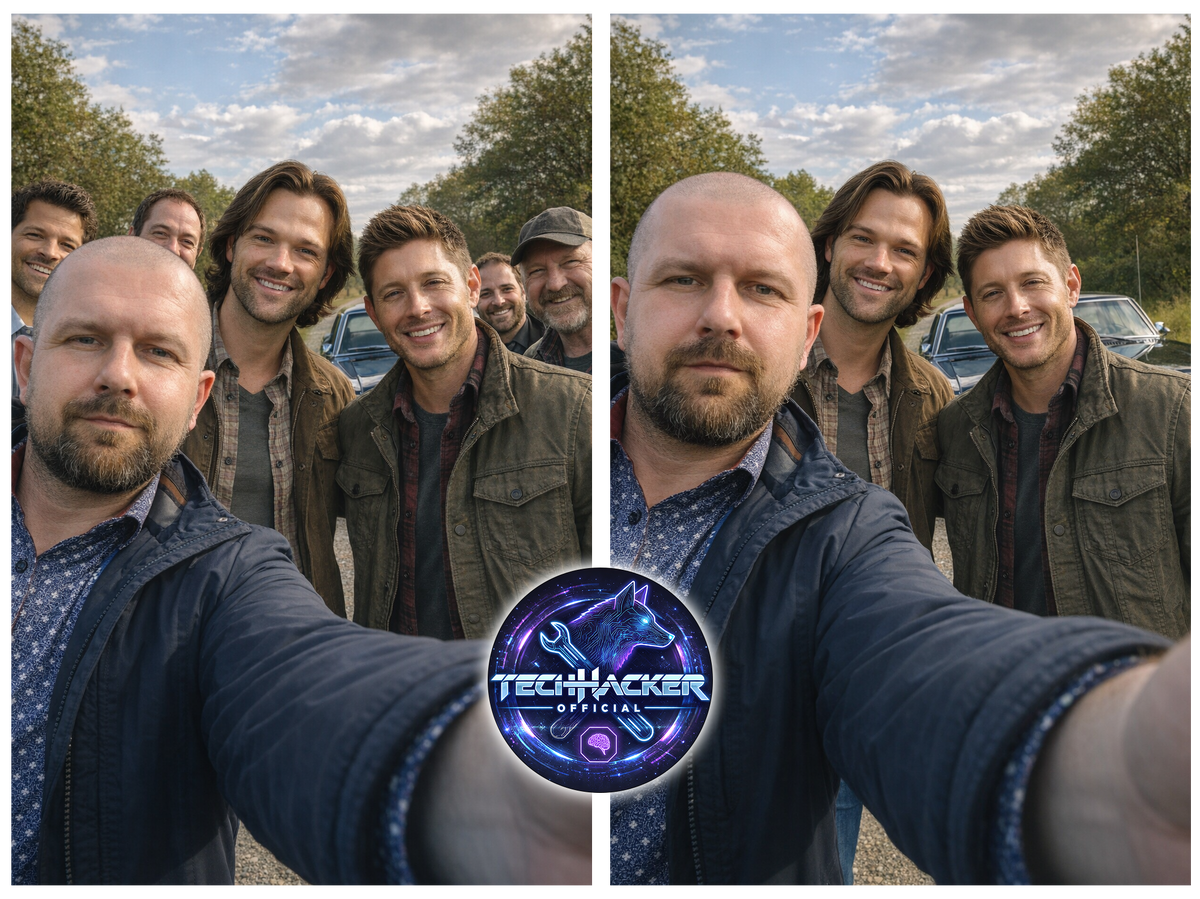 "Foto estilo selfie ultra-realista em ambiente externo, durante o dia. Eu estou segurando o celular com o braço estendido, enquadrando meu rosto em primeiro plano com nitidez total. Ao fundo, ao meu lado, estão os irmãos Sam e Dean Winchester (Jared Padalecki e Jensen Ackles), sorrindo de forma natural. Eles usam roupas típicas da série: jaquetas casuais, camisas e jeans. Atrás de nós está o icônico Chevrolet Impala 1967 preto, brilhante e bem preservado, estacionado em uma estrada rural com árvores e céu parcialmente nublado. A iluminação é natural, com sombras suaves. A cena deve transmitir a sensação autêntica de uma foto espontânea feita entre amigos, com cores realistas e detalhes extremamente fiéis no rosto, textura da pele, cabelo e expressão."