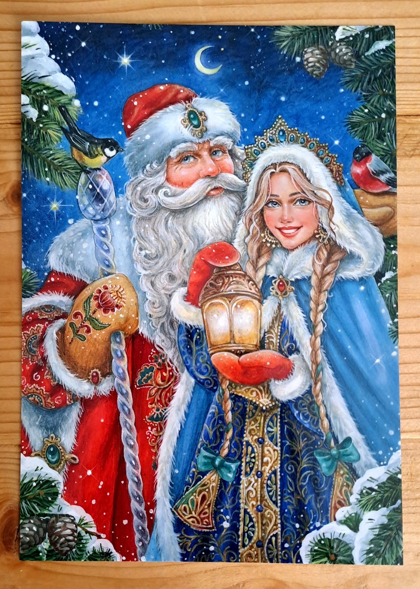 "Дед Мороз и Снегурочка. Фонарик" начнём с зимне-новогодних,  чтобы в конце завершить весной. Без новогодних никак нельзя-это основа коллекции 😁 здесь (и далее на всех картинах) все нюансы в деталях- приглядитесь и захочется разглядывать каждую