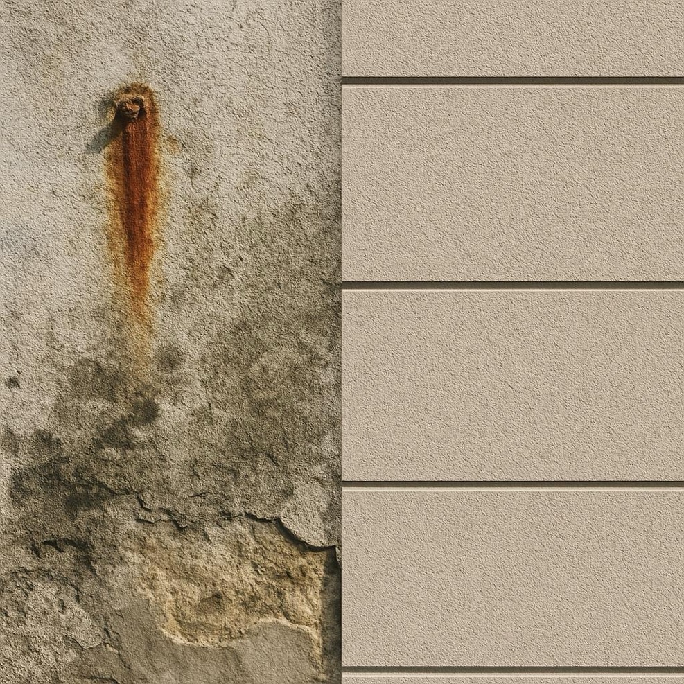 Фасад с признаками влажности и коррозии креплений (до и после ремонта)