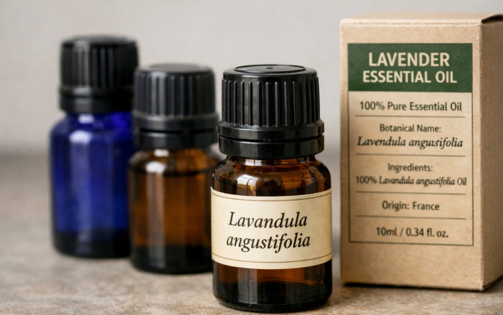  Темное стекло и латинское ботаническое название – признаки качественного эфирного масла. Фото: Chat GPT