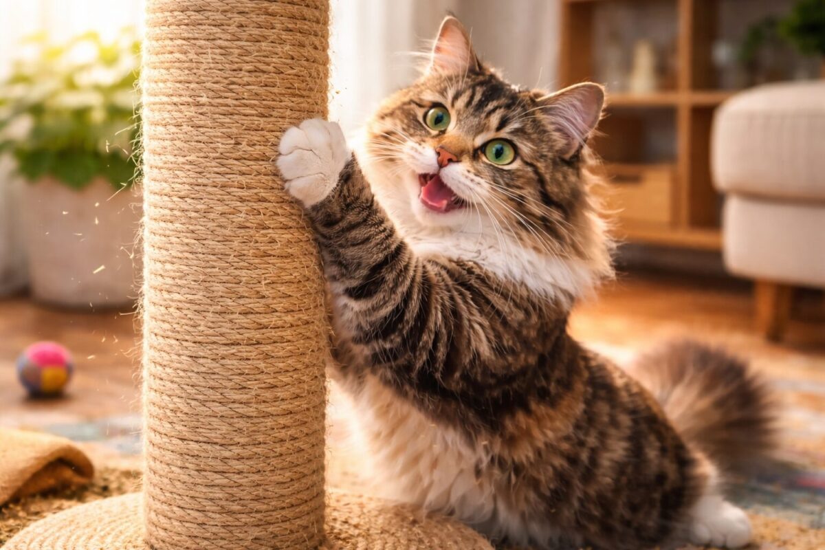 Кошка точит когти. Фото создано с помощью ИИ