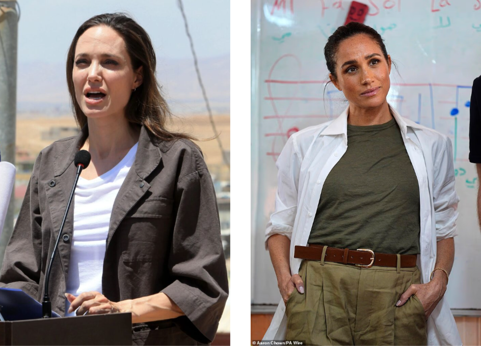 Анджелина Джоли выступает на пресс-конференции в лагере беженцев Домиз в автономном регионе Курдистан в Ираке. Фото AFP, а Меган Маркл в лагере беженцев. Фото PA