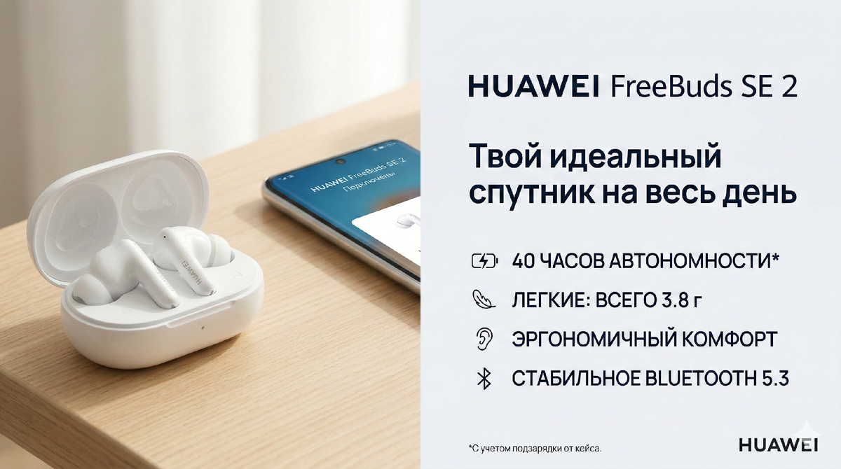 HUAWEI FreeBuds SE 2 — твой мир музыки, который всегда с тобой.