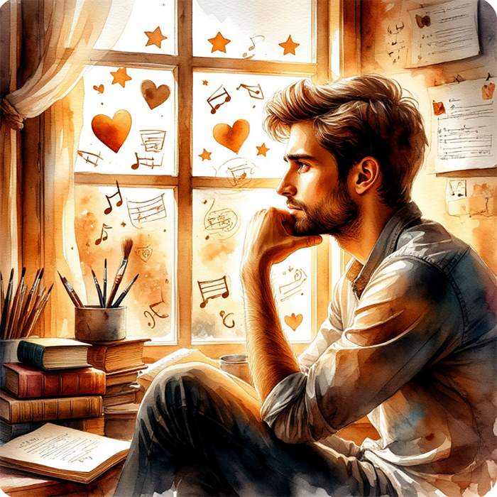 1. Человек задумчиво смотрит на образы возникшие в его голове