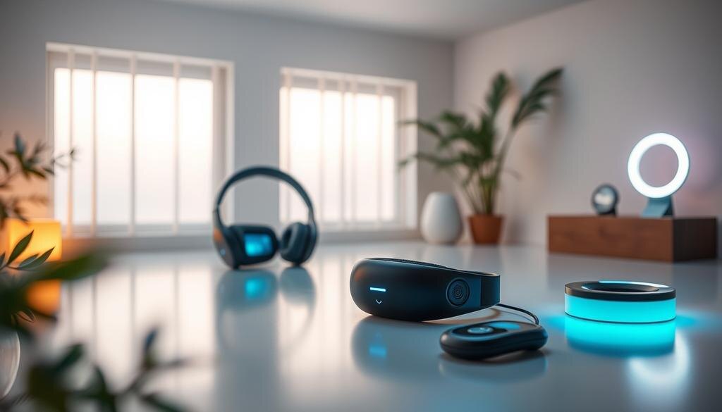    Modern meditation gadgets in a serene environment