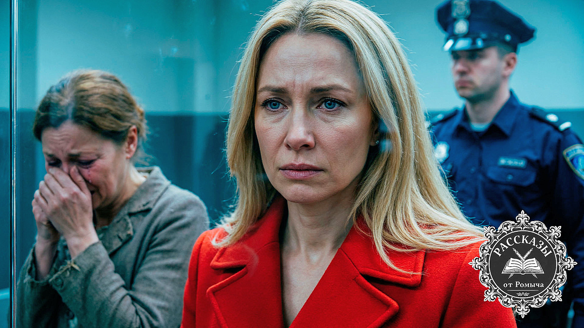 Женщина в красном пальто выслушивает приговор в зале суда после предательства друзей