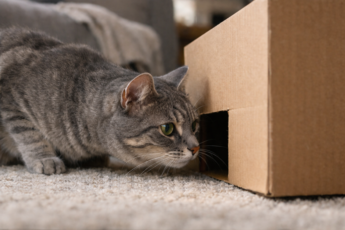 Кошка примеряет вход в коробку усами, прежде чем пролезть внутрь.