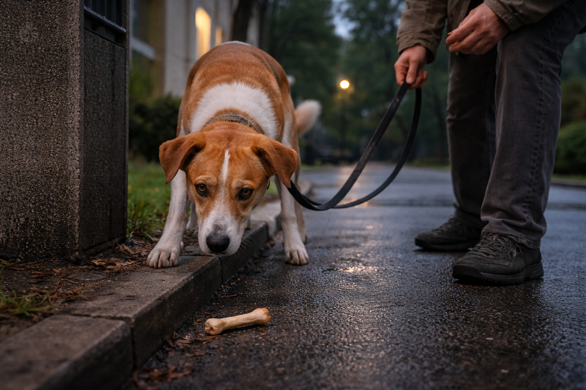 Вместо рывка человек сохраняет дистанцию и внимание собаки.