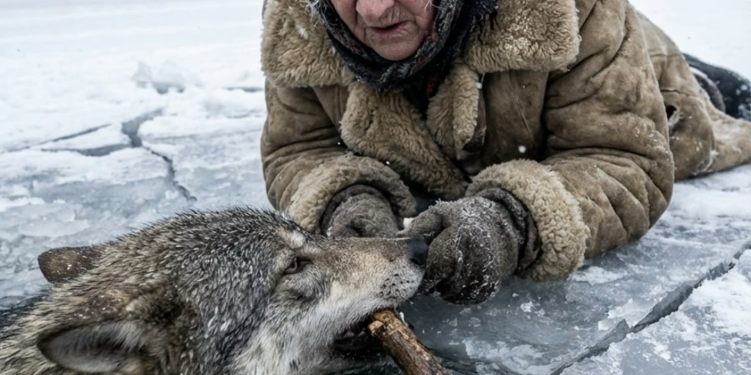 Собирая Дрова у Замёрзшего Горного Озера, Пожилая Женщина Заметила Волка, Тонущего Во Льду…