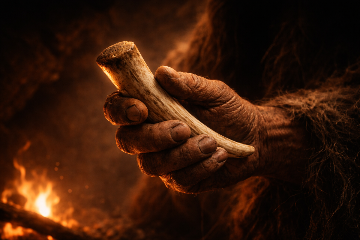 Реконструкция: рука Homo heidelbergensis держит рукоять из оленьего рога. 400 000 лет назад, Калабрия