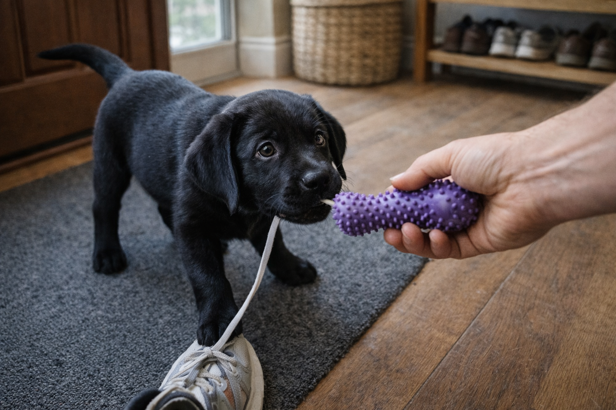 Щенок изучает дом ртом: безопасная замена помогает сохранить вещи и снизить возбуждение.