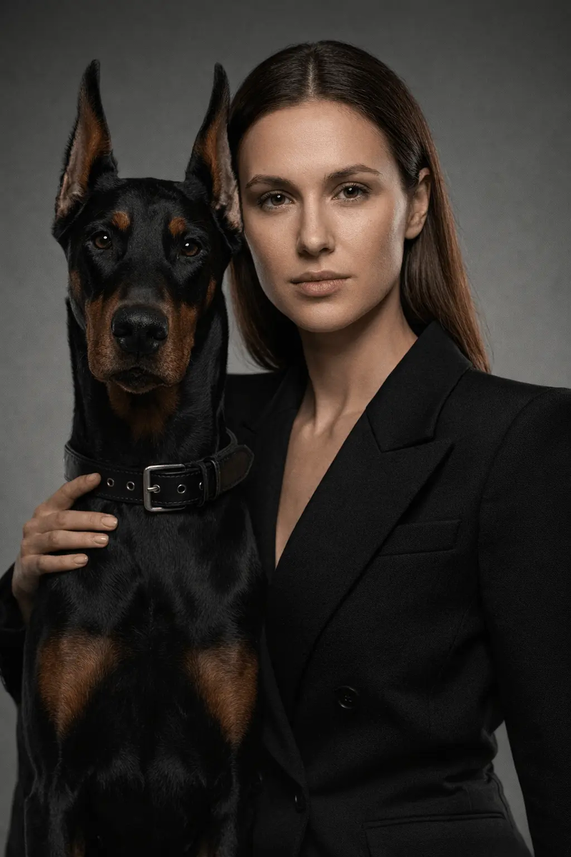 GPT 1.5 - Промпт: A fashion photograph of a woman in a black structured coat posing with a Doberman, studio setting, editorial style