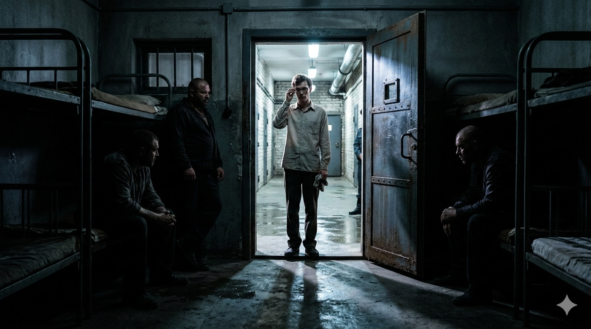 Очкарик-хакер входит в темную прессхату под надзором охраны.