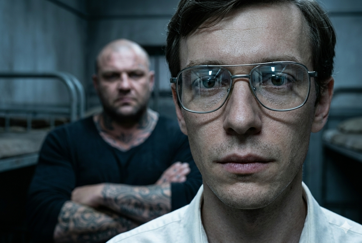 Крупный план хакера в очках, сохраняющего спокойствие в камере.