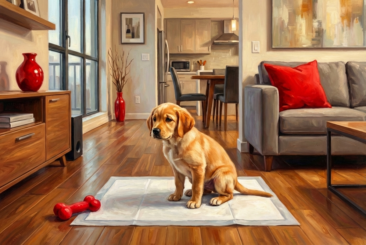    "Как приучить щенка к пеленке в квартире. Фото сгенерировано нейросетью Nano Banana"