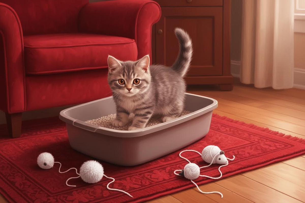    "Как приучить котенка к лотку. Фото сгенерировано нейросетью Nano Banana"