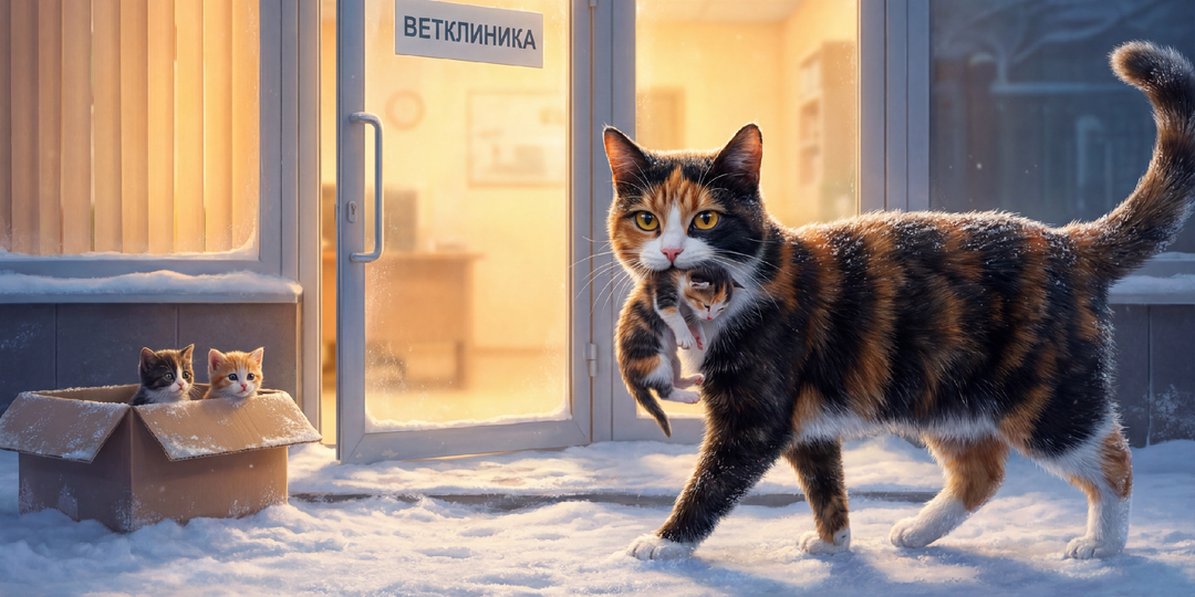 Бродячая кошка сама принесла больных котят в клинику
