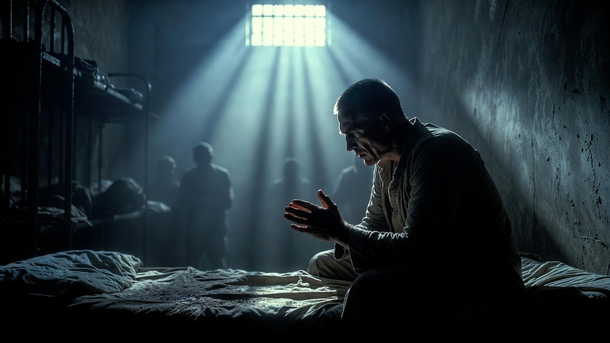 Кинематографичное изображение главного героя в условиях тюремного заключения. Картинка передает атмосферу одиночества и внутренней силы офицера, попавшего в беду.