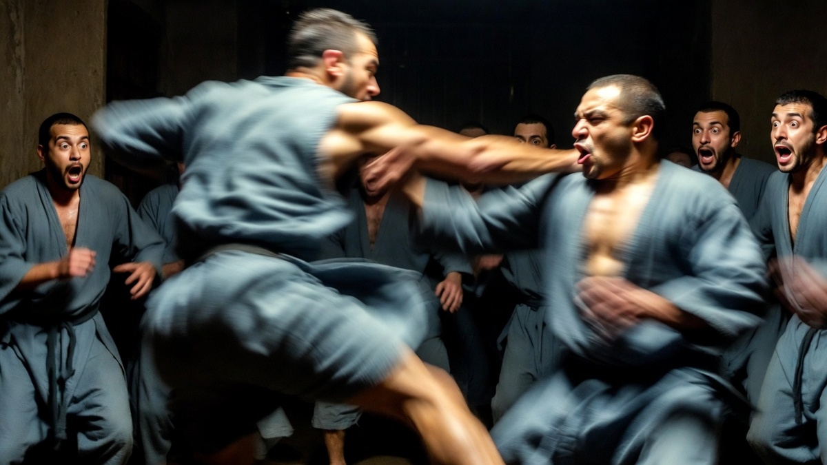 Иллюстрация к эпизоду самообороны главного героя. Картинка демонстрирует превосходство боевых навыков спецназовца ГРУ в замкнутом пространстве тюрьмы.