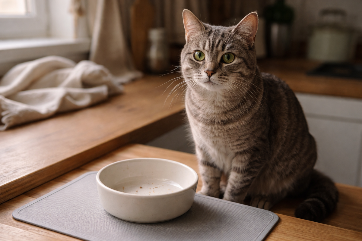 Пустая миска утром и спокойная кошка рядом: повод присмотреться к питью.