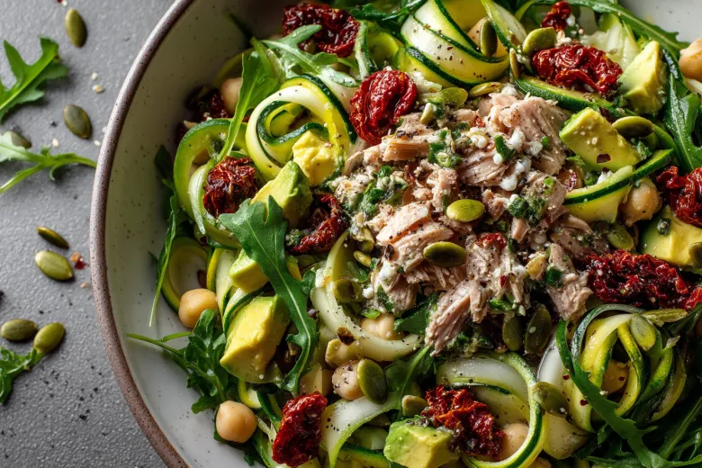 Рецепт: Вкусное постное блюдо: Легкий салат с тунцом, авокадо и нутом.🥗🌱