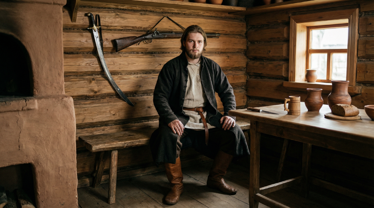 Ермак в молодости у себя дома в Поволжье, историческая фото реконструкция. Затем он перебирается на Урал, где и был старт его похода