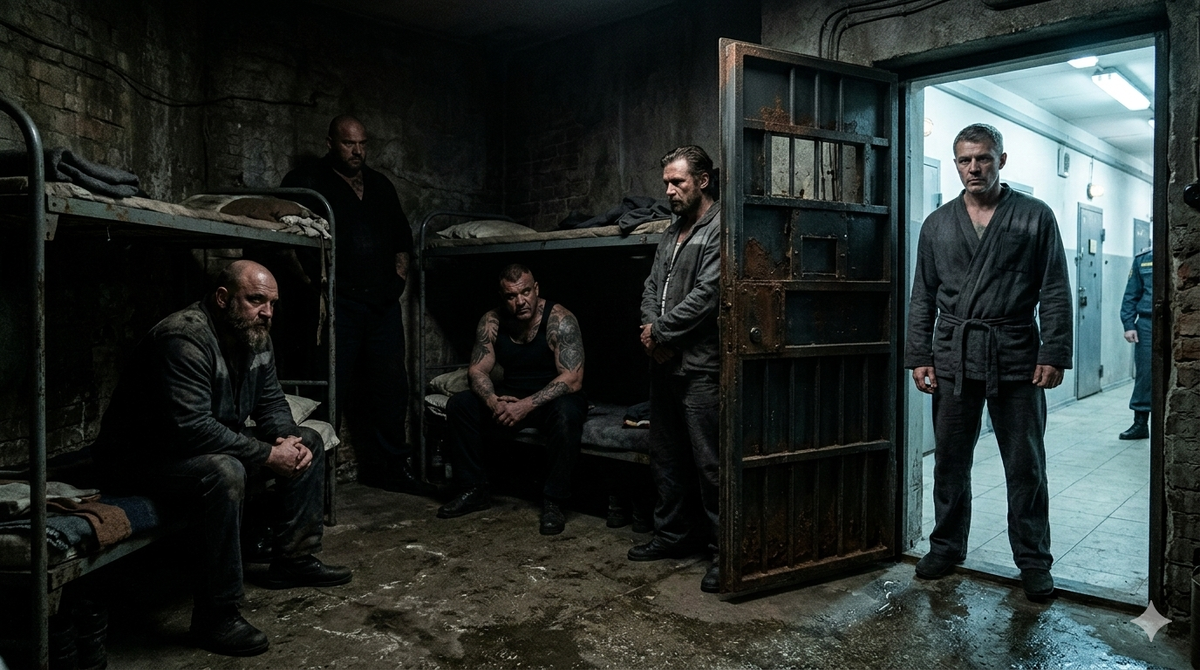 Мрачный тюремный коридор со стальными дверями и тусклым освещением. Фото передает гнетущую атмосферу исправительного учреждения и предчувствие опасности. 