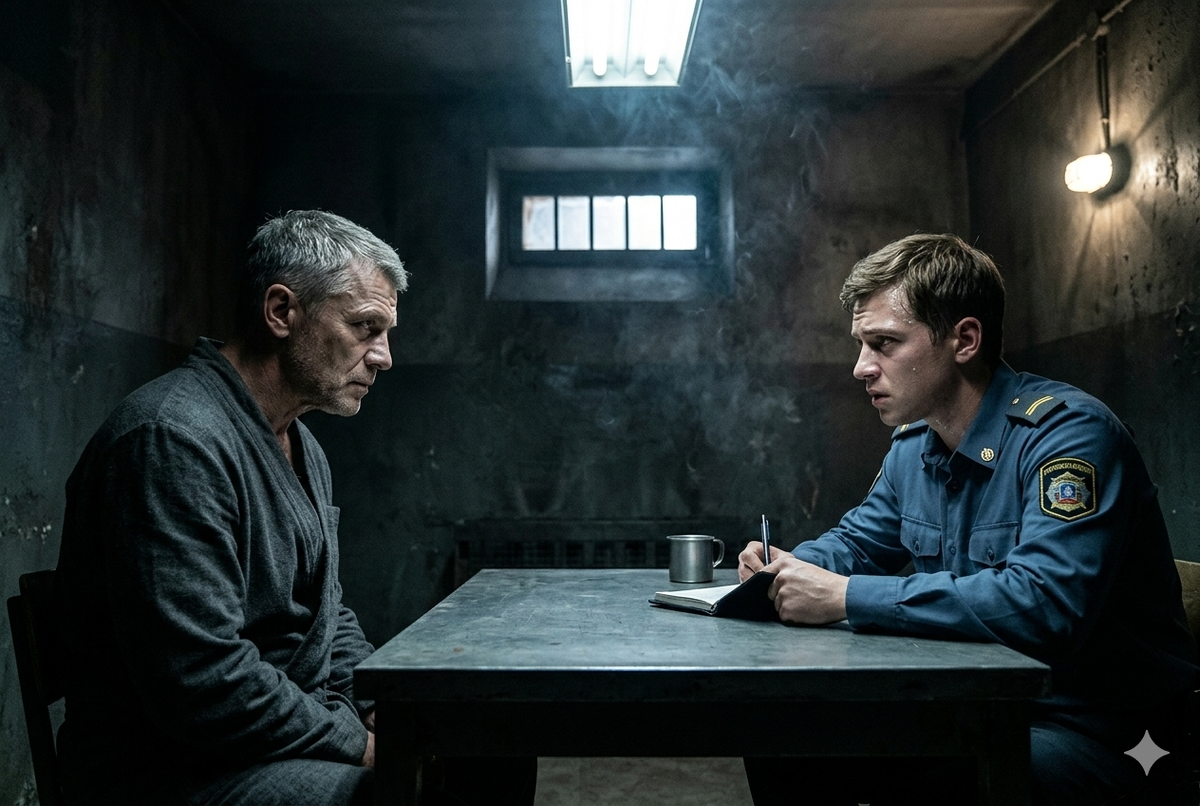 Психологическая дуэль между старым заключенным и молодым оперативником в допросной комнате. Изображение подчеркивает напряжение разговора и конфликт интересов.