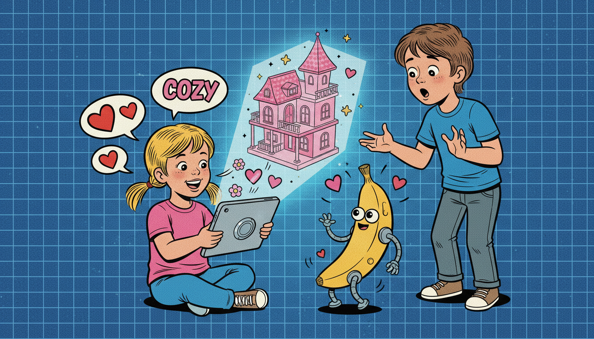 Алиса объясняет «вайб» планшету, и ИИ рисует домик. Илья в недоумении.