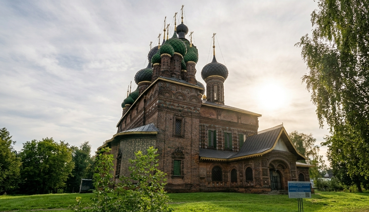 На этой фотографии запечатлен величественный памятник русской архитектуры — Церковь Иоанна Предтечи в Толкове, расположенная в Ярославле. Это уникальный храм XVII века, который считается вершиной ярославского зодчества.