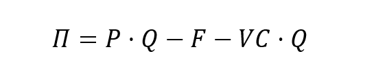P — цена, QQQ — количество клиентов, FFF — постоянные издержки, VCVCVC — переменные издержки на клиента, Π — прибыль
