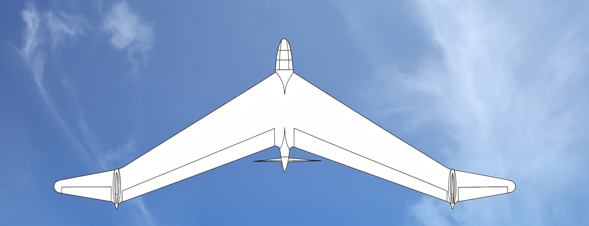 чертеж заявки на патент француза Роже Робера, поданной в 1942 году. Данный чертеж показывает в виде сверху разработанный Робером самолет схемы «летающее крыло» со стреловидным крылом и внешним хвостовым оперением. Рисунок из коллекции автора статьи. Изображение улучшено сайтом lmarena.ai