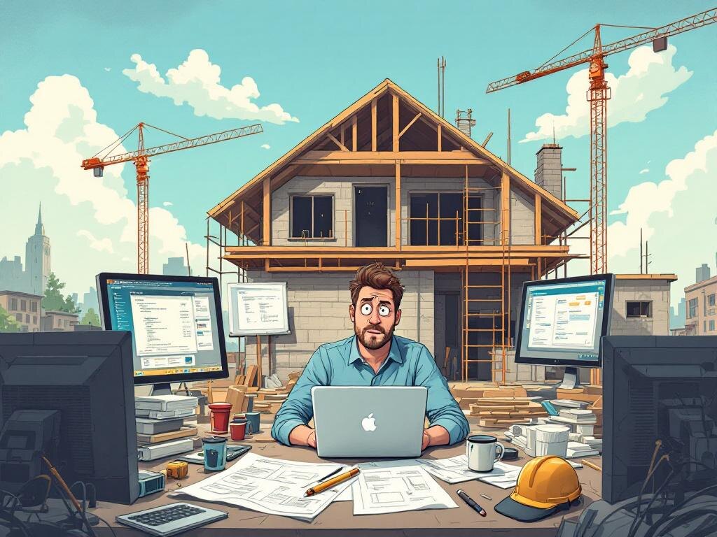 Рис 1. Измученный заказчик пытается управлять стройкой дома (IT-проектом)