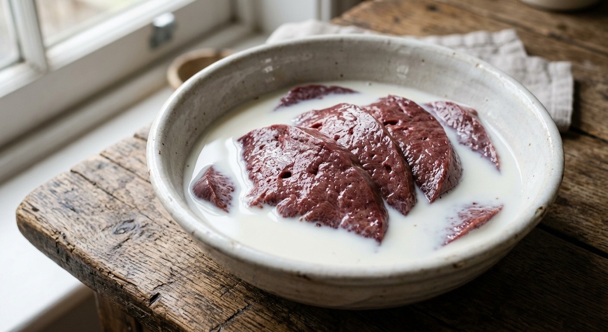 Замачивание в молоке — первый и самый важный шаг. Молоко вытягивает горечь и лишнюю кровь, делает текстуру мягче. Достаточно 30–60 минут, а результат изменится кардинально