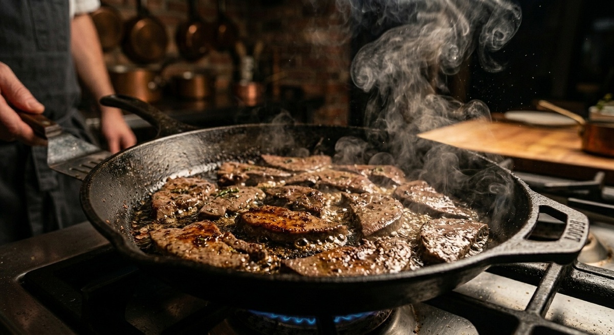 Сильный огонь и минимальное время — два главных условия хорошей печени. Как только появилась корочка с одной стороны — сразу переворачивать. Ещё две минуты — и готово