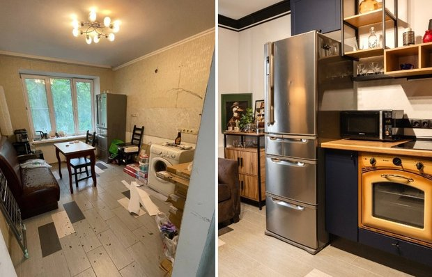 До и после: синяя кухня в хрущевке с ремонтом за 500 тысяч