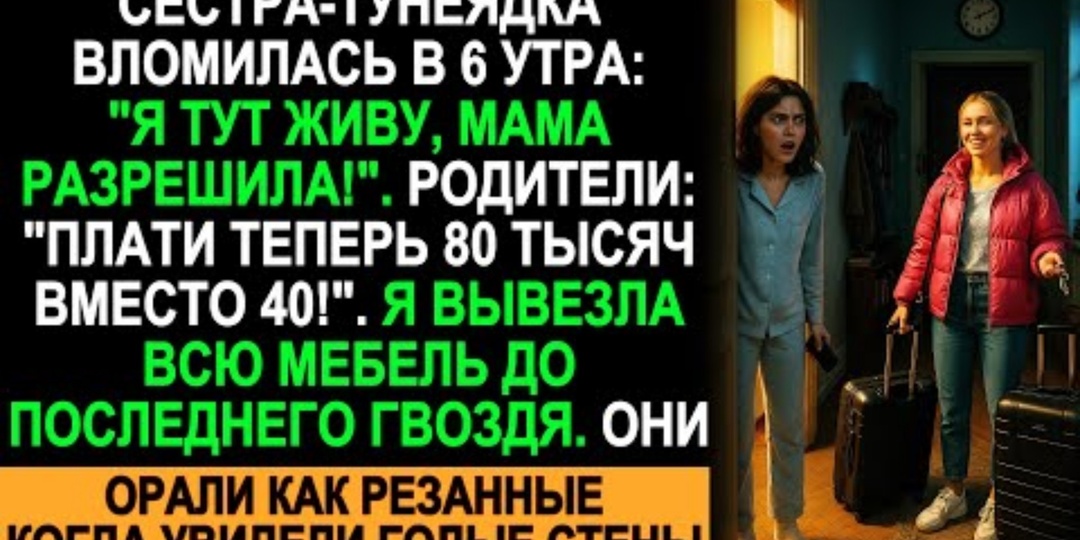 В 6:00 утра субботы дверь слетела с петель: сестра ввалилась с чемоданами. Я молча вывезла всю мебель и съехала, оставив её голые стены